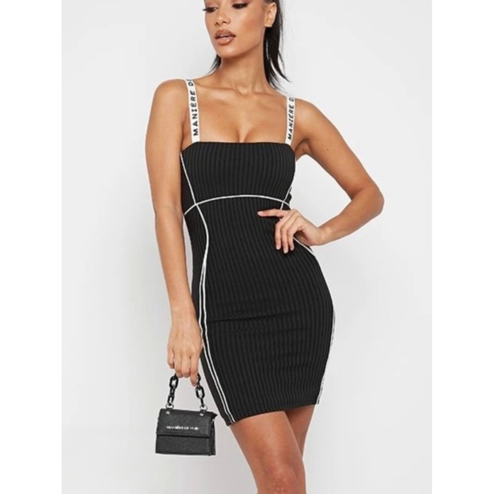 NWT Maniere De Voir Black Ribbed Mini Dress Logo Straps Contrast Piping Size 6